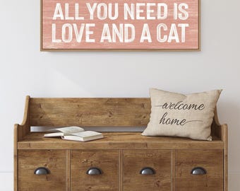 Love And A Cat Coral Pink Sign, Boho Wall Decor, Farmhouse Style, Charming Cat Gift, Rustic Maple Frame, Horizontal Canvas Art