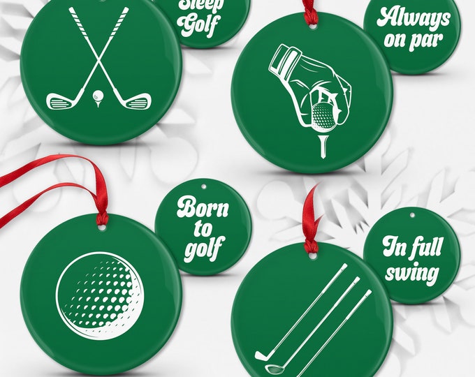 Set of 4 Double-Sided Golf Ornaments, Ceramic Porcelain or Shatterproof Aluminum Christmas Ornament, Green Shown, Choice of Colors • 01, 04