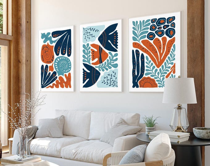 3 Piece Framed Set, Coral and Seashells Triptych Canvas, Ocean Blocks Abstract Wall Art, Coastal Print Set of 3, Blue and Orange • 326