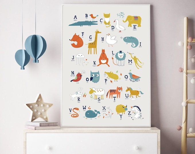 Modern Kids Room Animal Alphabet Print, White ABC Zoo Wall Art, Newborn Nursery Gift
