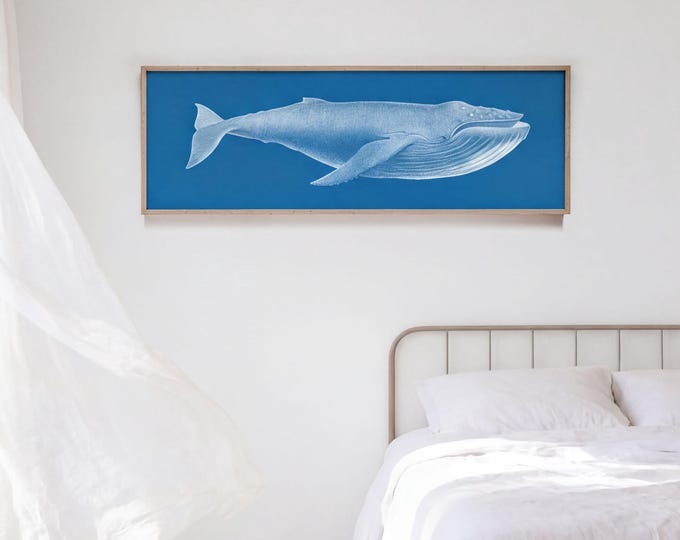 Whale Art on Long Skinny Canvas, Cobalt Blue Nautical Print for a Beach House Hallway or Stairwell