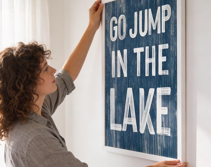 Screen Door Art, Go Jump in the Lake Sign, Navy and White Coastal Cabin Print