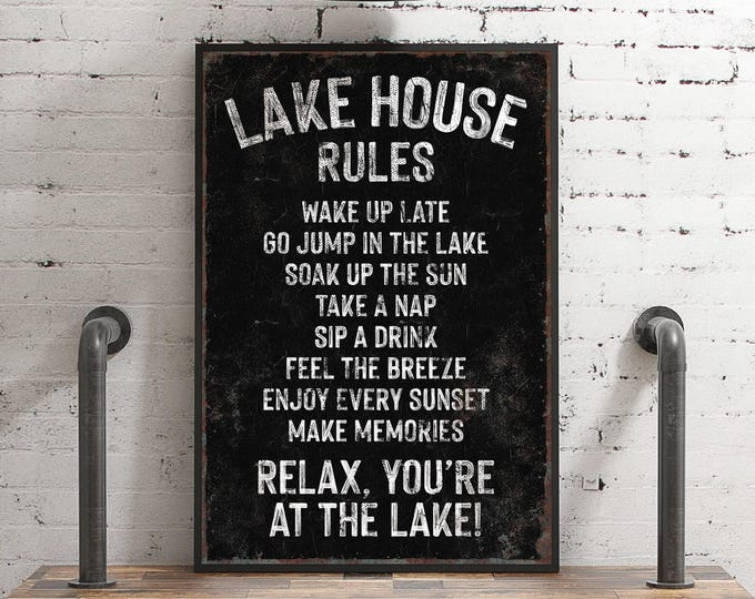 Vintage "LAKE HOUSE RULES" Sign, Black and White Sign Art Print, Coastal Lakehouse Decor, Distressed Lake House Gift, Vacation Rental Decor