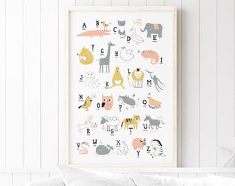 Safari Nursery, Nursery Wall Art, Gift For New Mom, Cute Alphabet Sign, Zoo Themed Canvas, Baby Room Decor, Peach And Gold Palette