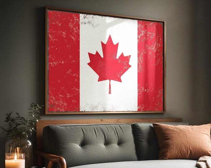 Flag Decor Sign, Canada Flag Print, Canadian Maple Leaf, Vintage Red Patriotic Wall Art