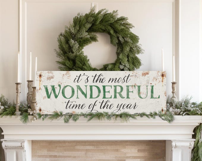 White and Green It's the Most Wonderful Time of the Year Sign, Holiday Wall Art, CHRISTMAS HOME DECOR, Rustic Antique Screws, Rusted Edge