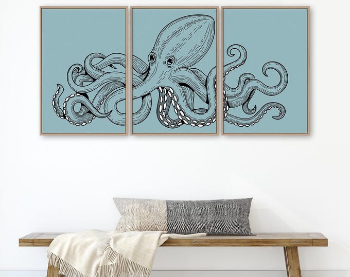 Octopus Triptych, Octopus 3 Piece Framed Set, Retro Octopus Canvas Prints, Large Ocean Wall Art, Patio Decor Outdoor, Black on Tide 01