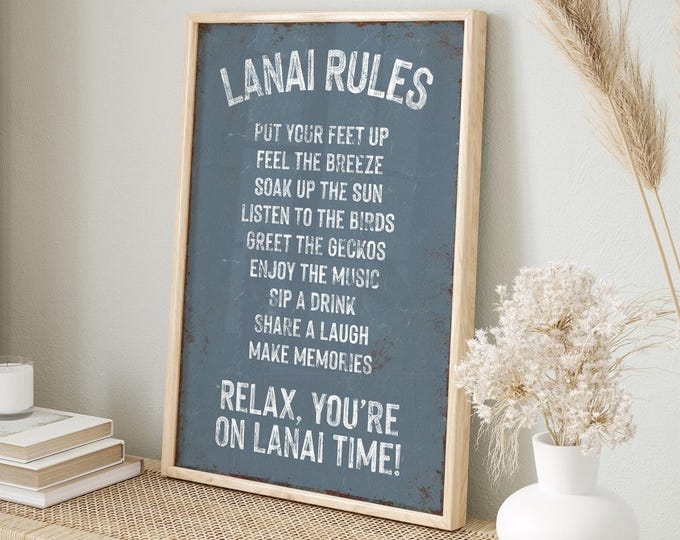 Harbor Blue Lanai Rules Sign, Rustic Canvas Wall Art, Outdoor Patio Decoration, Vintage Pool Print, Floater Frame, Clay Coated Material