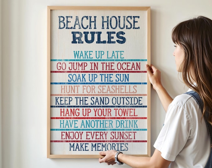 Vintage BEACH HOUSE RULES Sign, Colorful on White, Beach Print, Coastal Beach Decor, Distressed Beach House Gift, Vacation Rental Decor