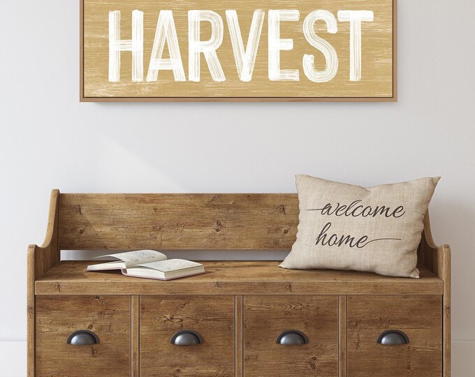 Harvest Sign in Butternut Yellow, faux weathered wood, seasonal wall art, harvest wall decor, vintage farmhouse, long horizontal wall art
