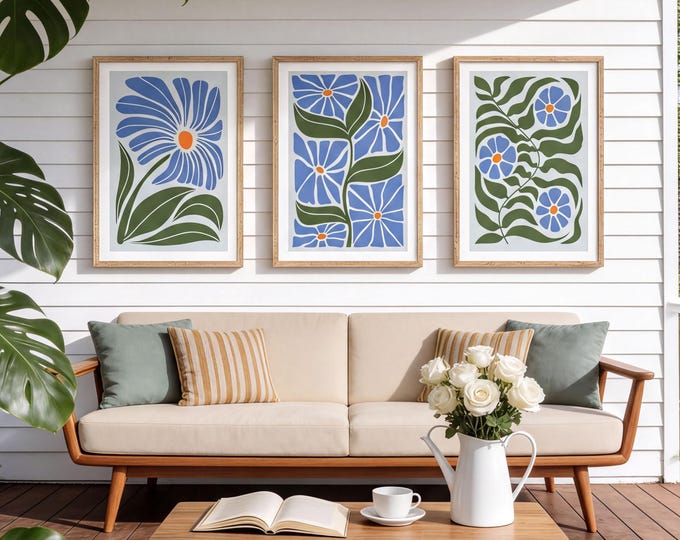 Triptych Wall Art, 3 Piece Wall Set, Flower Mural Art, Bar Cart Decor, Abstract Floral Prints