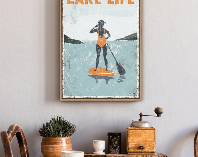 Vintage Lake Life Sign - Female Paddleboarder with Orange Accent