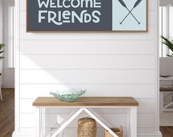 White Lettering and Crossed Paddles on Charcoal Slate, Lake Welcome Sign