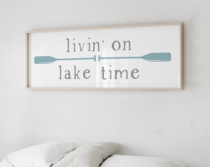 Minimalist Livin' on Lake Time Sign, Tide Blue and Gray on White, Blue Boat Oars, Beach Wall Art, Boating Gift Idea, Coastal Home Decor