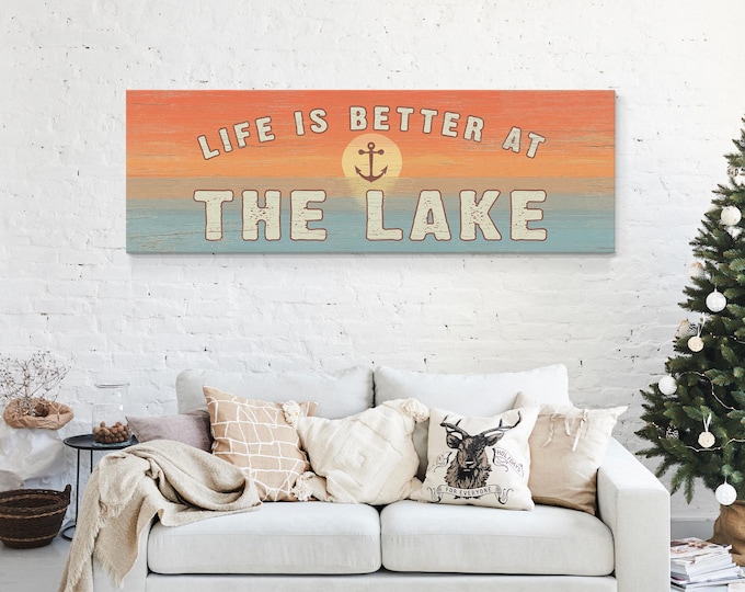 Sunset Lake Wall Art Decor, Perfect New Homeowner Present, Faux Weathered Wood, Durable Patio Sign, Sign For Above Door, Gift For Couple