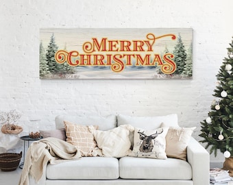 Snowy Tree Art, Ornate Merry Christmas Lettering in Barn Red and Gold, Evergreen Holiday Sign