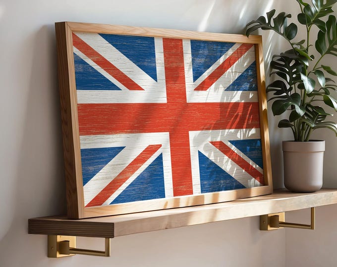 British Flag Wall Art, Painted Weathered Wood Style on Canvas, UK Flag Wood Canvas Print, Framed UK Flag Poster, Retro Flag Art Gift Idea
