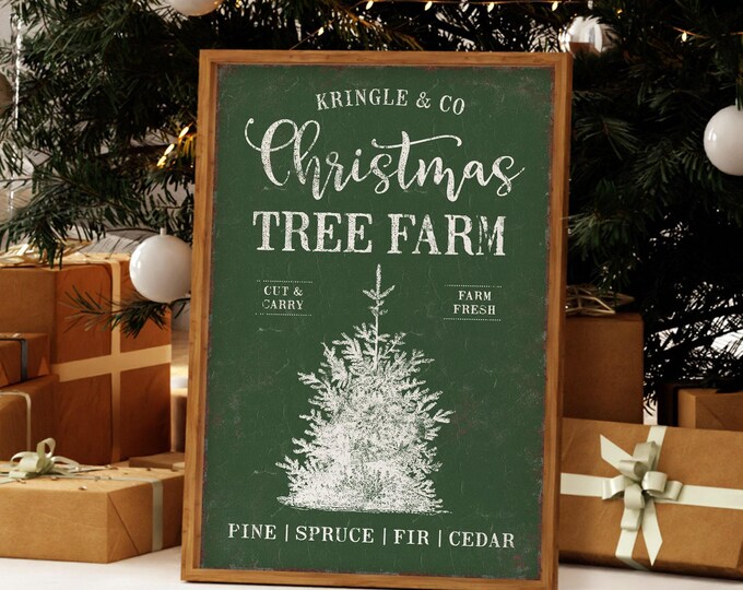 Tree Farm Xmas Gift, Kringle and Co Cut and Carry Sign in Cream White on Forest Green