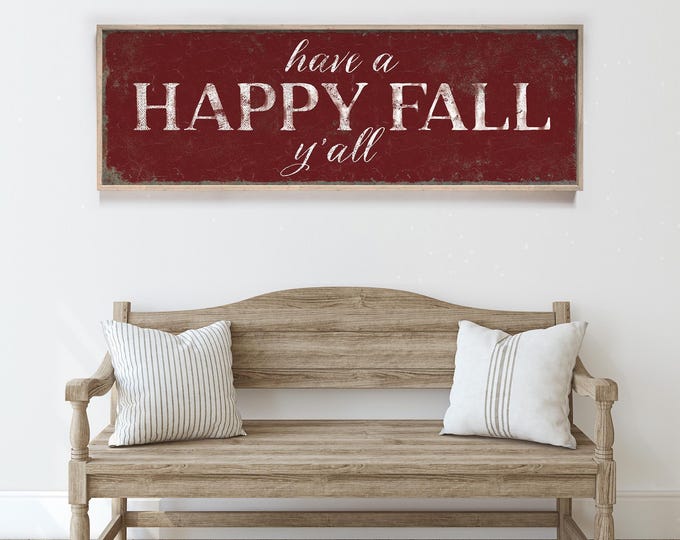 Rustic Fall Decor, Happy Fall Yall Sign, Cranberry Red and Cream Wall Art