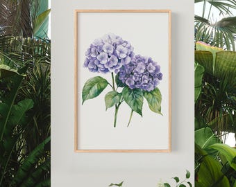 紫のアジサイのボタニカルウォールアート – 時代を超えた花柄プリント