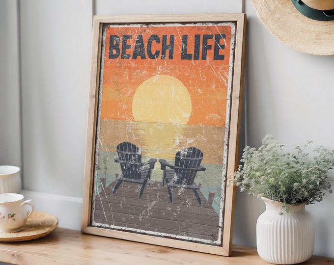 Vintage Beach Life Poster - Sunset Dock with Chairs