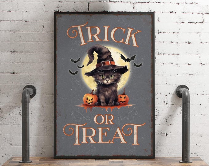 Fall Sign, Cozy Autumn Cat Witch Hat Pumpkin Wall Decor Gift