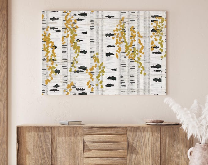 Fall Sign Canvas, Abstract Autumn Birch Tree Leaf Boho Print
