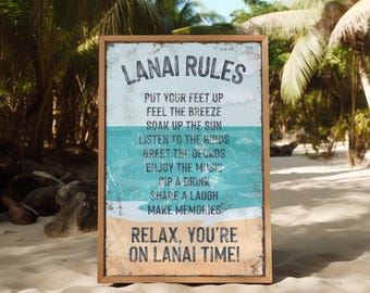 Lanai Rules Sign, Coastal Beach House Wall Art, Screened Porch Decor