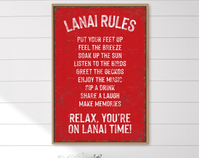 LANAI RULES sign in Real Red outdoor patio decor, rustic pool canvas prints, rules of the lanai poster, print on aluminum lanai signs