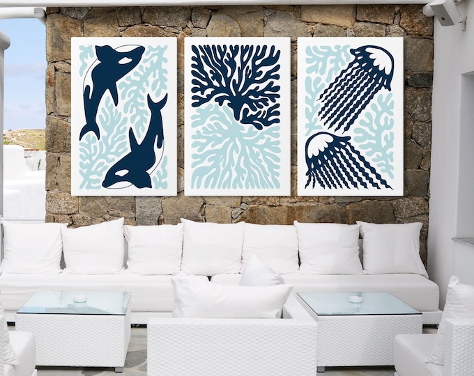 Ocean Blocks Triptych Canvas Prints, Gift for Nautical Enthusiast, Gift for Ocean Lover, Whales Jellyfish Coral, Tide and Navy Blue • 338