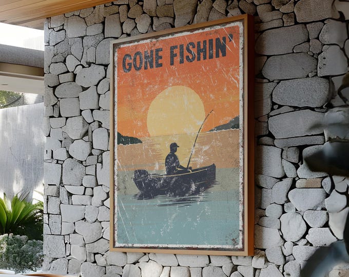 Gone Fishin Sign, Burnt Orange Sunset Rowboat Wall Art, Navy Lake Cabin Gift for Him