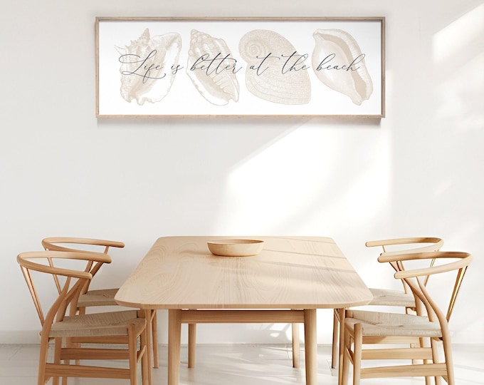 Coastal Canvas Wall Art, Beige Beach Sign, Seashells (Multiple Sizes)
