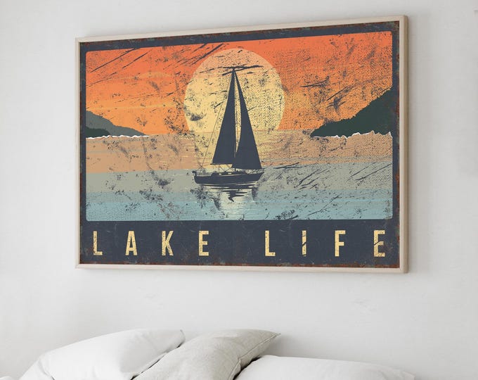 Lake Life Wall Sign: Vintage Sailboat Design - Rustic Home Decor