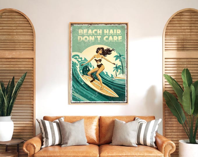 Beach Hair Dont Care, Retro Travel Poster Print, Woman Surfing A Wave, Sage Green Gift