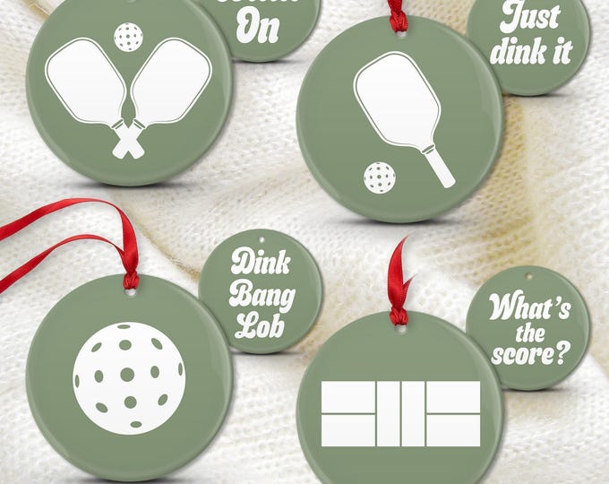 Pickleball Holiday Ornaments Set of Four, Christmas Red and Green, Sport Gift
