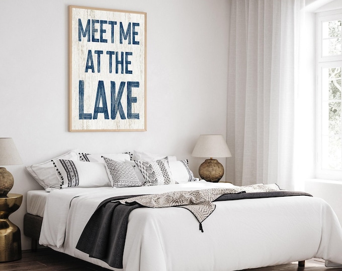Vintage Lake Sign - Rustic Cabin Decor in Navy and White