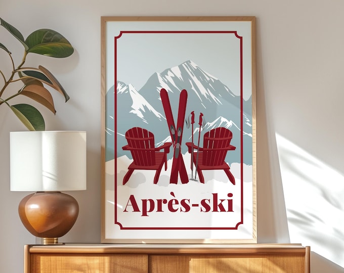 Blue Snow Decor, Apres-ski Adirondack Poster in Burgundy on Pale Cream, Grey Blue Mountains