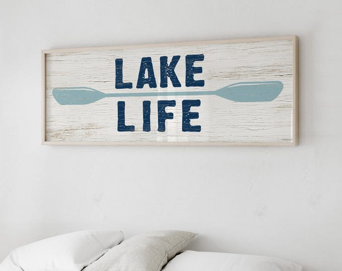 Rustic Faux Wood Lake Life Sign, Nautical Blue and Tide Blue Lake House Decor, Kayak or Canoe Paddle Sign, Long Skinny Sign for Above Door