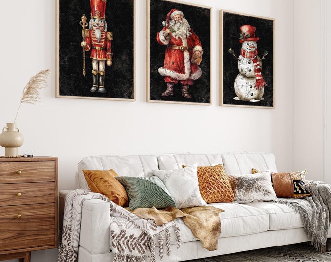 Snowman Canvas Print, Set of Three with a Nutcracker and Santa in Black and Crimson Red