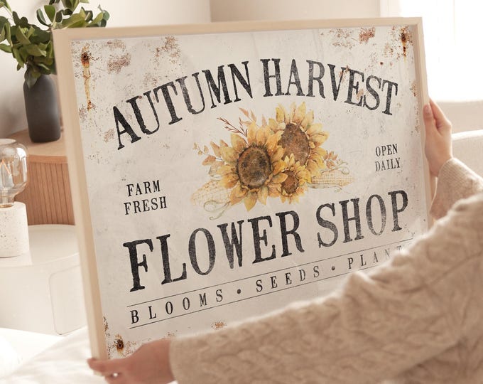 Rustic Autumn Art, Flower Shop Sign, Cream and Charcoal Wall Decor