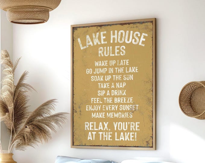 Canvas Art Vintage, Lake House Rules Sign, Golden Yellow Cabin Gift