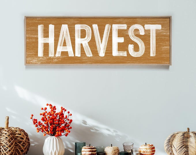 Harvest Sign in Caramel, faux weathered wood, seasonal wall art, harvest wall decorations, vintage farmhouse, long horizontal wall art