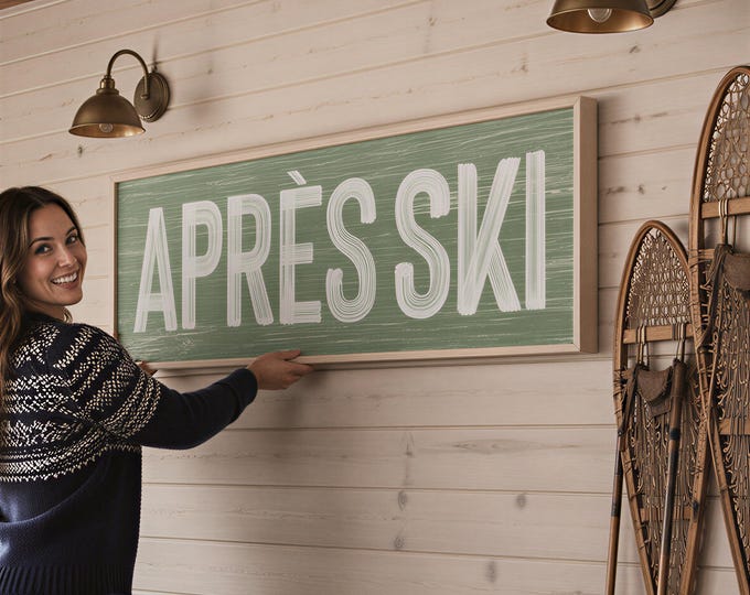 Apres Ski Art Print, Sage Green Weathered Lodge Sign, Cozy Mountain Cabin Mudroom Decor