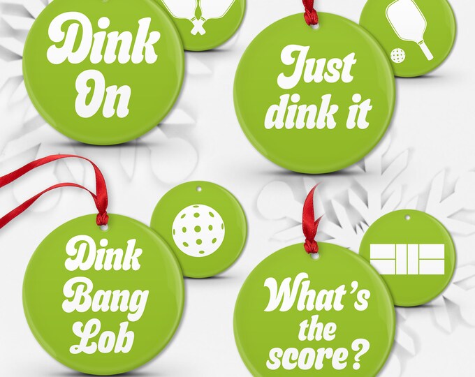 Bulk Set Pickleball Ornaments, Set of 4 Ornaments, Ceramic Porcelain or Shatterproof Aluminum Christmas Ornament, Double Sided • 01, 04