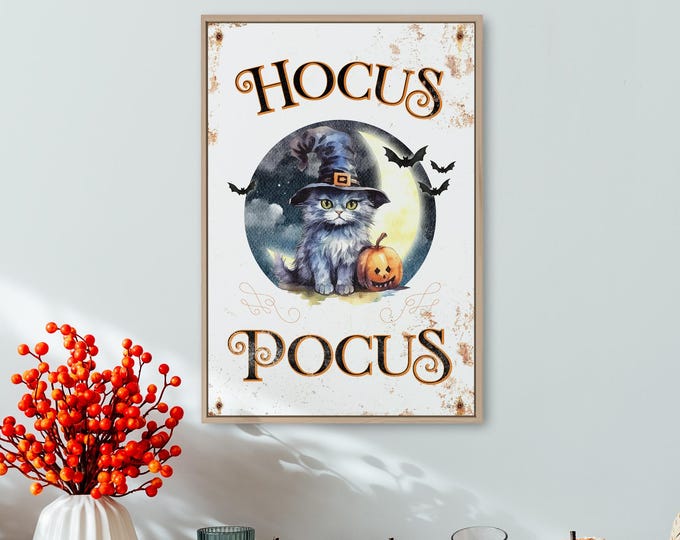 Hocus Pocus Halloween Sign, Cat in Witches Hat, Cute Kitten Decor, Halloween Gift for Cat Lady, Hocus Pocus Framed Print, White Fall Decor