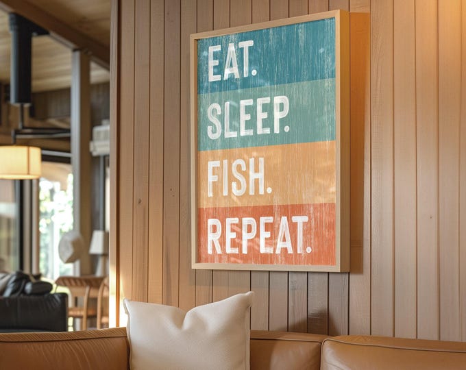 Eat Sleep Fish Repeat Canvas, Funny Gift for Fisherman, Retro Fishing Decor, Cabin Decor
