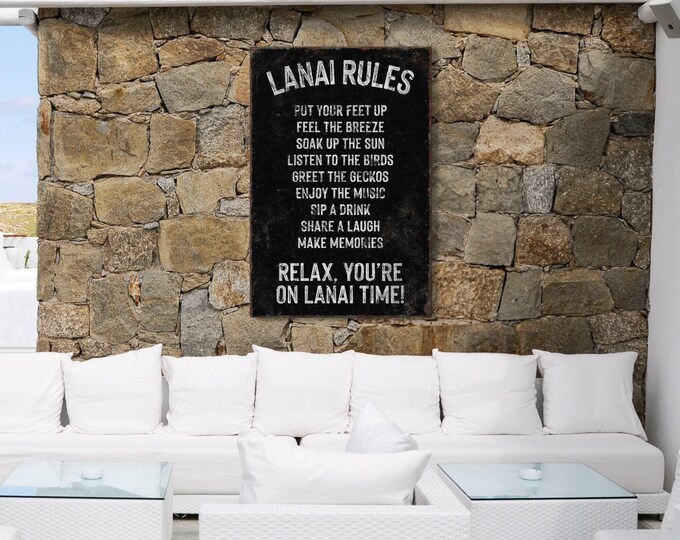 Lanai Rules Wall Art, White On Black Distressed Typography, Patio Gift For Pool Lovers