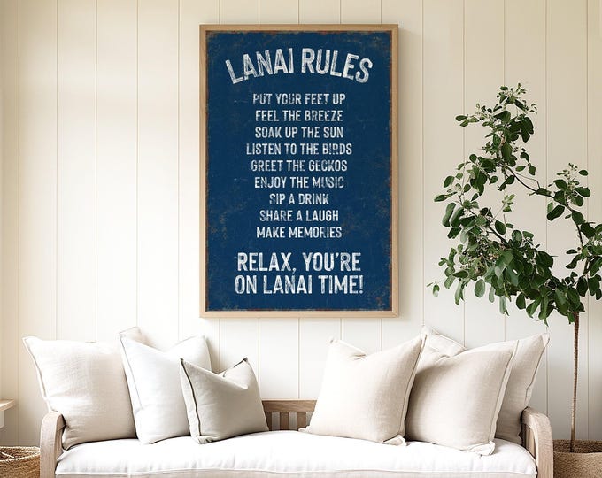 Lanai Patio Decor, Navy Rules Sign in White and Rust, Vintage Porch Wall Art
