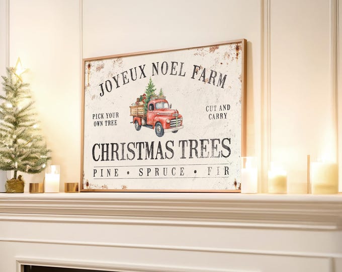 Joyeux Noel Farm Pine Tree Decor with a Vintage Red Truck on Distressed Cream
