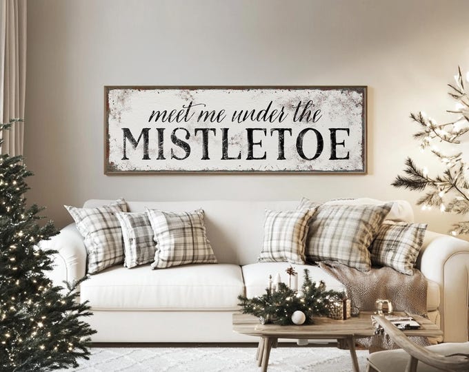 Mistletoe Art, Under the Mistletoe Doorway Sign in Black Vintage Lettering on Aged Ivory
